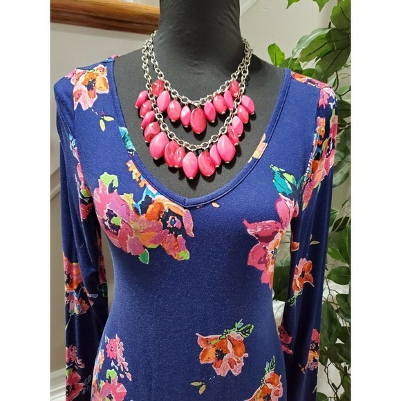 Dearcase Women's Blue Floral Rayon V-Neck Long Sleeve Knee Length Dress Size M - Picture 2 of 12